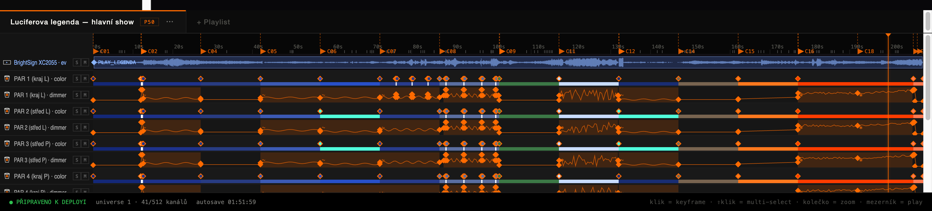 Timeline s keyframy, FX a markery